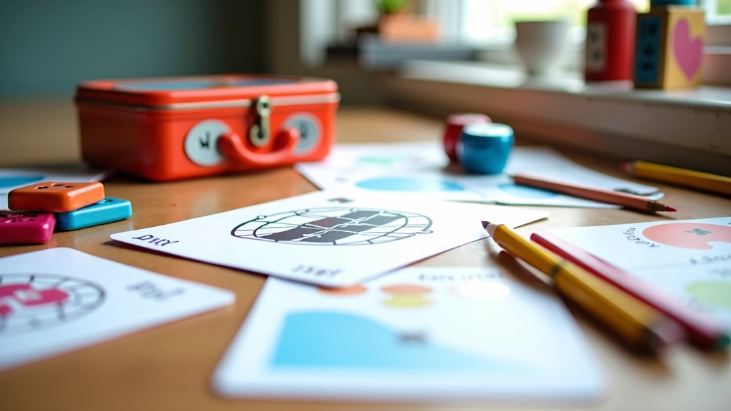 Speelgoed en spellen voor kinderen — kaarten, potloden, kleurboeken, dobbelstenen