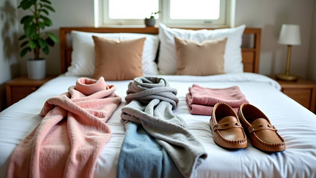 Zomerse kleding netjes gerangschikt op bed in neutrale kleuren