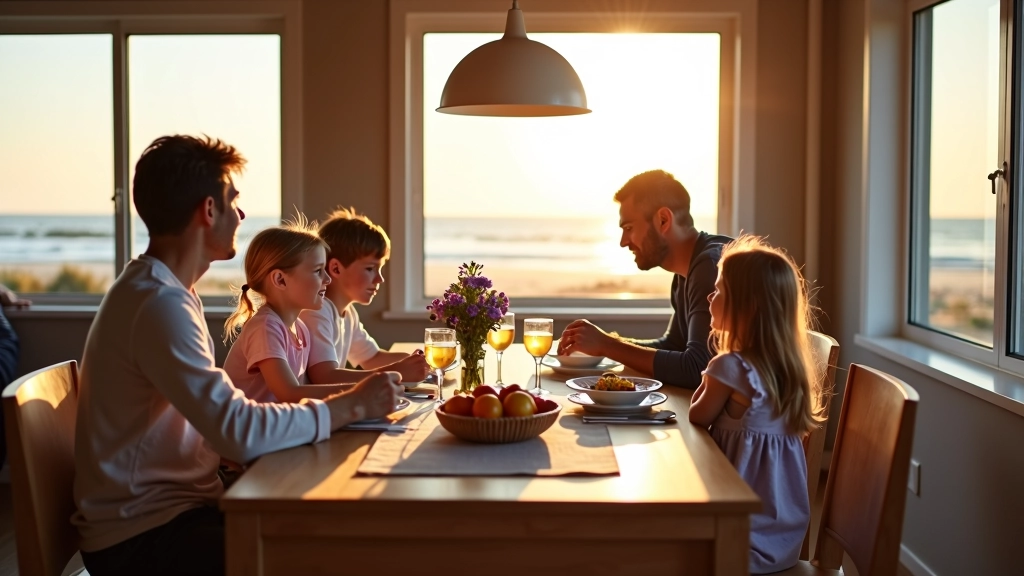Familie die samen aan tafel eet in een vakantiehuis met uitzicht op duinen