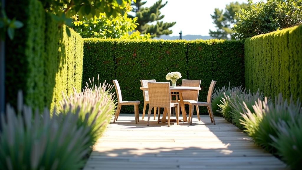 Privé tuin met heggen en zonnig terras bij een kusthuisje
