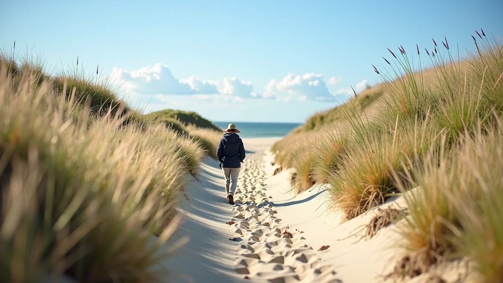 Rustige voetpad door duinen naar het strand met gras en zand