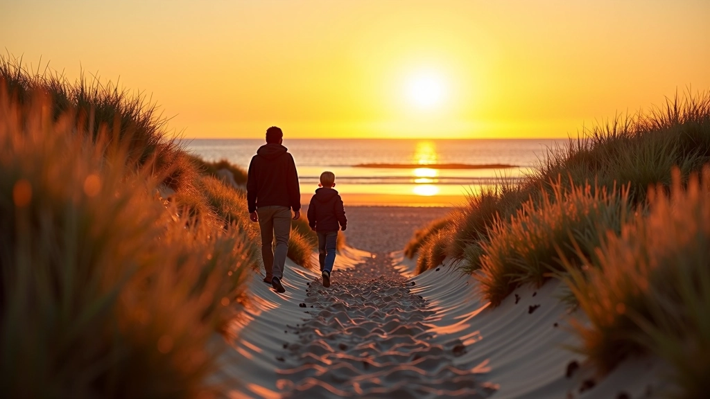 Zonsondergang wandeling langs de duinen aan zee